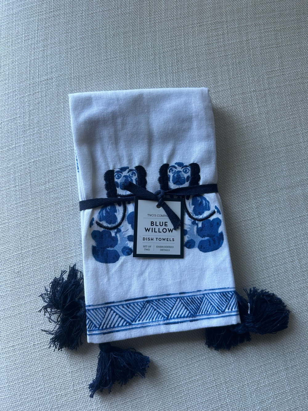 Two's Company Blue and White Willow Embroidered Dish Towels - Set of 2